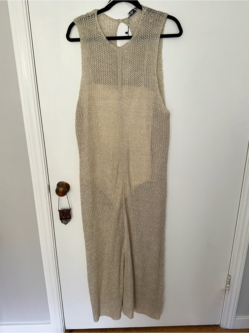 Zara - Cream & Metallic Gold Thread Open Knit Maxi Dress - L